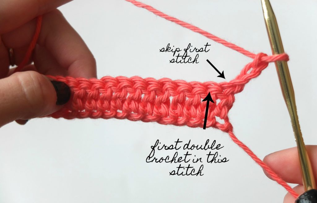 In this photo you will see the beginning of a double crochet tutorial, showing you where exactly to place your first stitch at the beginning of the row. If the turning chain counts as a stitch, you will skip the first stitch and place your first double crochet into the very next stitch.