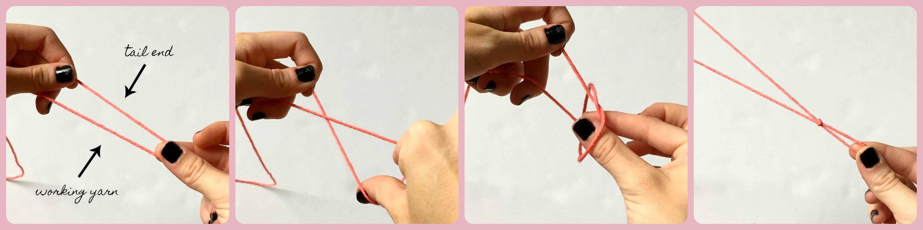 A photo collage of the first method you can use to tie a slip knot