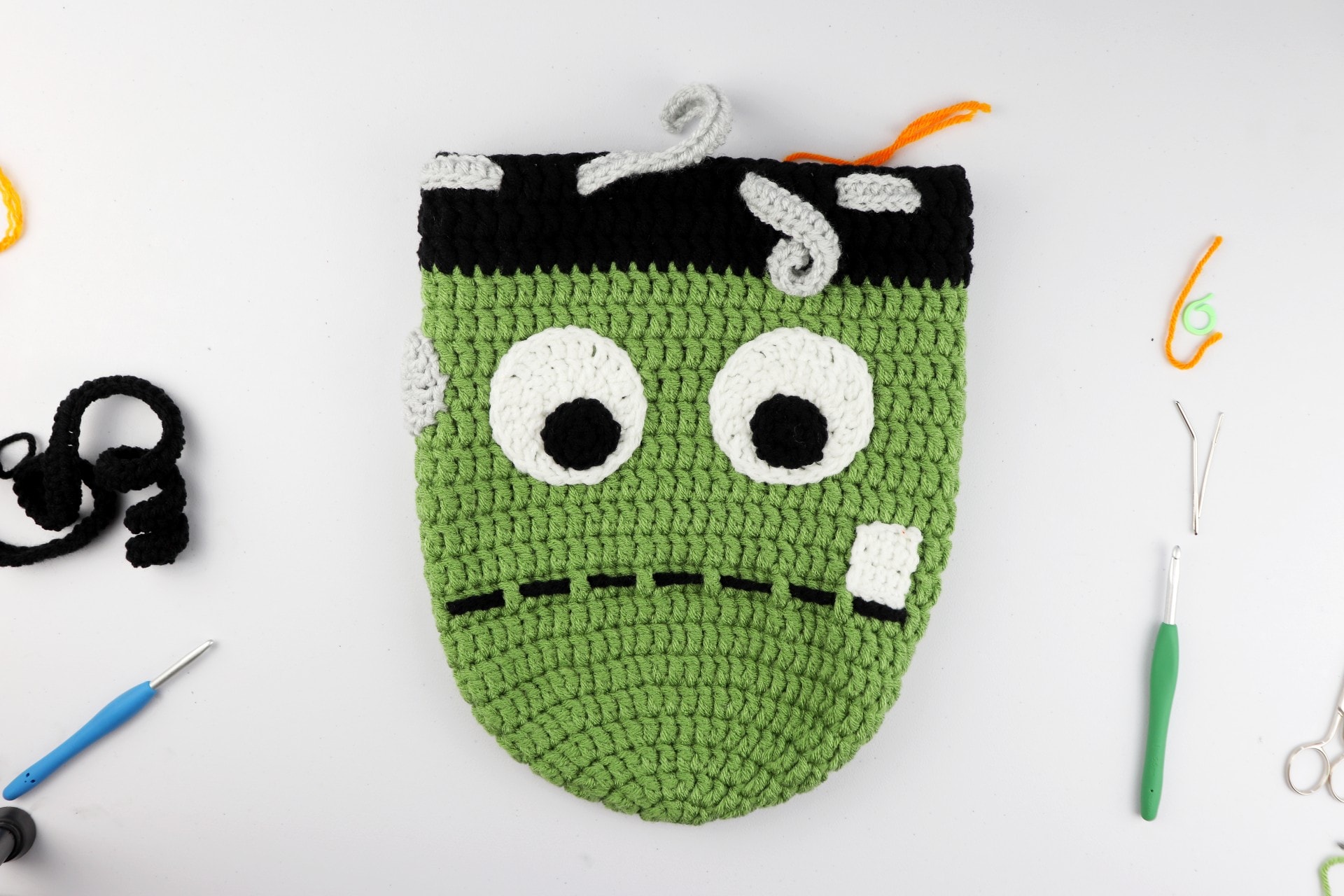 Crochet Frankenstein Drawstring Backpack | FREE Halloween Crochet Pattern