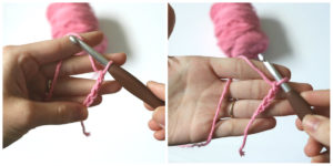 Sigoni Macaroni is showing how she holds her crochet hook and yarn. She holds her crochet hook like a knife and the yarn between her middle and pointer finger. There is no "right" way to hold your crochet hook and yarn, as long as you're comfortable.