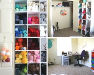 This is another after photo of Sigoni's now organized craft room. It shows a clean desk, organized shelves filled with yarn in different color categories, and a clean craft closet. - via Sigoni Macaroni's latest post, Spring Clean Your Yarn Stash and Get Organized in 5 Easy Steps