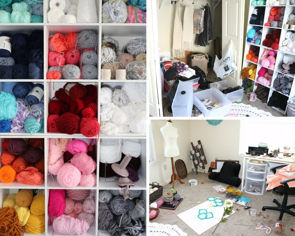 A before photo of Sigoni's messy craft room and yarn stash - via Sigoni Macaroni's latest post, Spring Clean Your Yarn Stash and Get Organized in 5 Easy Steps