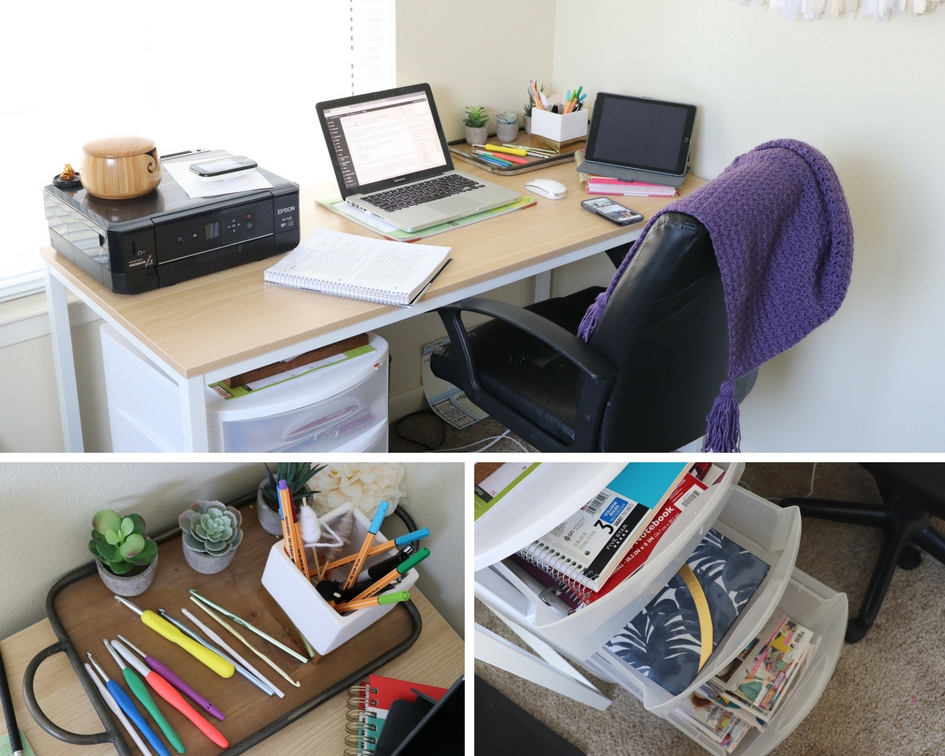 An after photo of Sigoni's now organized craft room. It shows a clean desk, space for crochet hooks, and drawers holding a variety of different items. - via Sigoni Macaroni's latest post, Spring Clean Your Yarn Stash and Get Organized in 5 Easy Steps