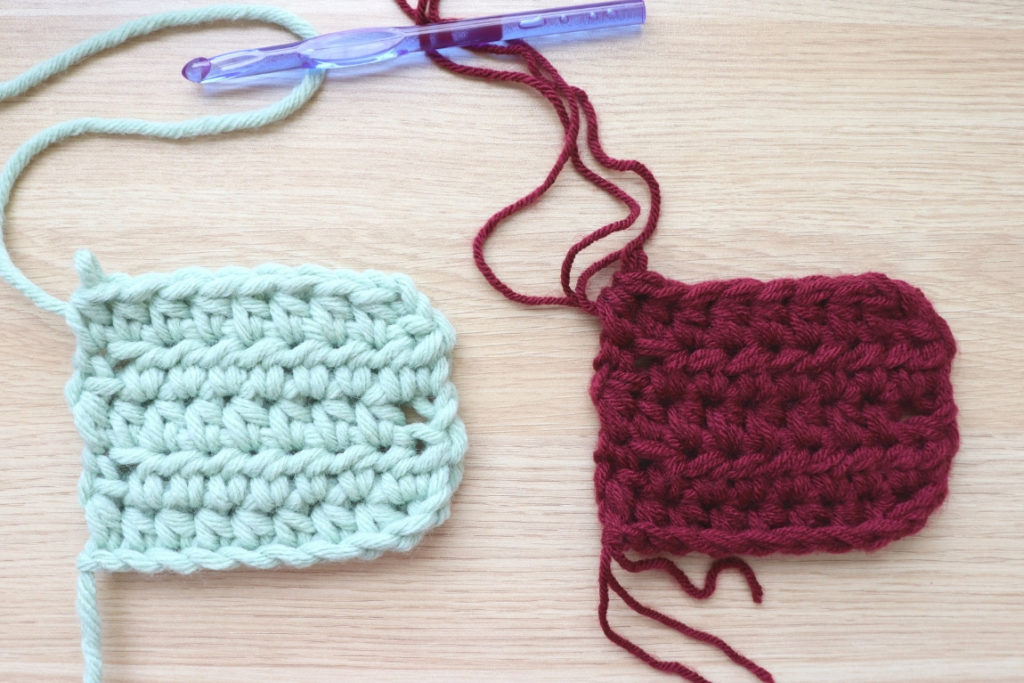 Learning how to crochet with multiple strands of yarn. This photo shows how you can double up your yarn in order to meet the gauge of a bulkier fabric.