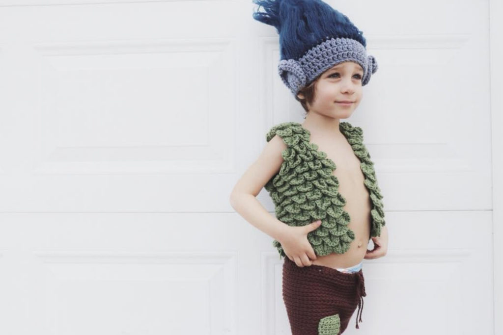 Sigoni's first crochet design of her son's Halloween costume - Branch from Trolls