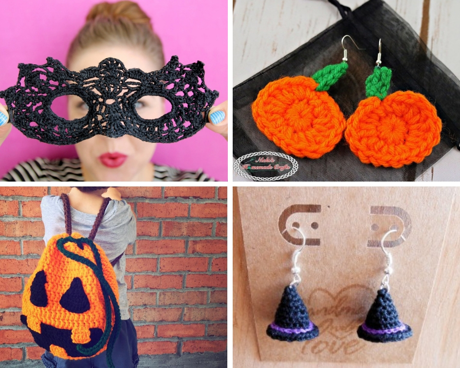 Four Halloween themed crochet accessories for dressing up