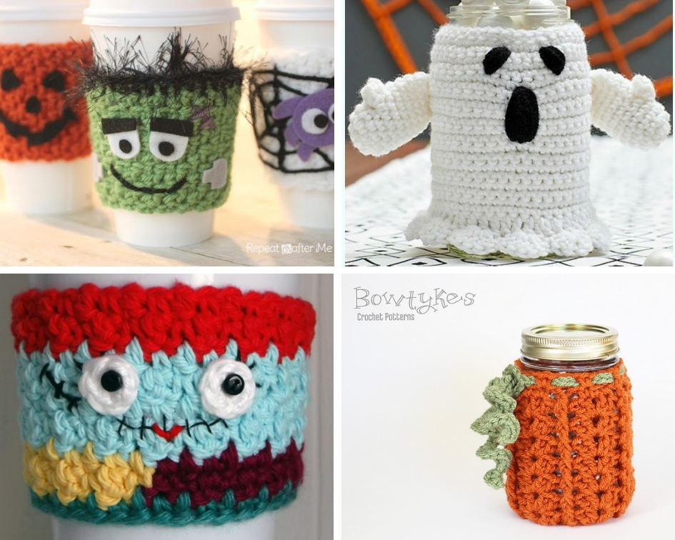 Four crocheted Halloween themed cup and mug cozies: Frankenstein, ghost, Nightmare before Christmas, and pumpkin