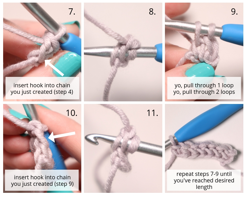 A step by step picture tutorial for the foundation single crochet stitch | Chainless Foundation Crochet Stitches: Benefits, Tutorials - FSC, FHDC, FDC