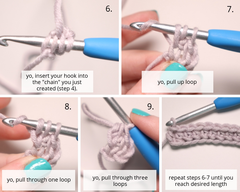 A step by step picture tutorial for the foundation half double crochet stitch | Chainless Foundation Crochet Stitches: Benefits, Tutorials - FSC, FHDC, FDC