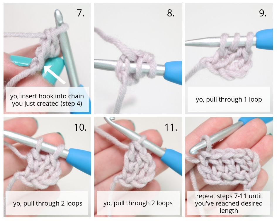 A step by step picture tutorial for the foundation double crochet stitch | Chainless Foundation Crochet Stitches: Benefits, Tutorials - FSC, FHDC, FDC