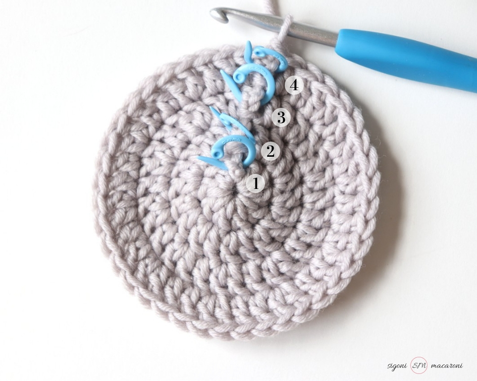 In this photo, Sigoni Macaroni is explaining how you should be counting your crochet stitches and rows in the round. Pictured is a yarn swatch of four double crochet rows in the round.