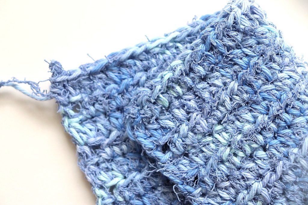 A photo of the Simple Scrubby Dishcloth Crochet Pattern - 1 of the 5 pretty, quick, and beginner friendly crochet washcloth patterns