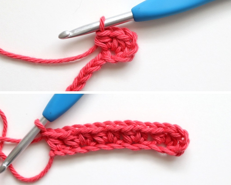 After Row 1 of the Pink Half Double Crochet Washcloth Pattern - tutorial photo