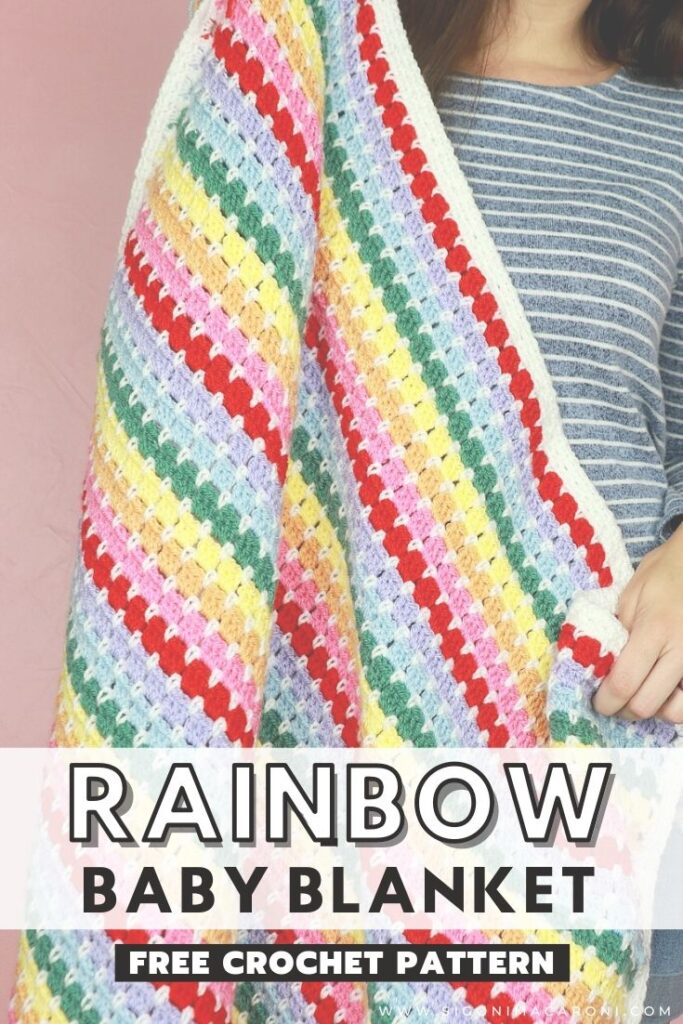 Who doesn't love a colorful crochet blanket? This Striped Rainbow Baby Blanket is a fun and free crochet baby blanket pattern using the block stitch. It's a beginner friendly pattern only using single and double crochet stitches. Plus, there's a picture and video tutorial included to ensure that no matter your skill level, you can recreate this beautiful striped Rainbow Baby Blanket too!