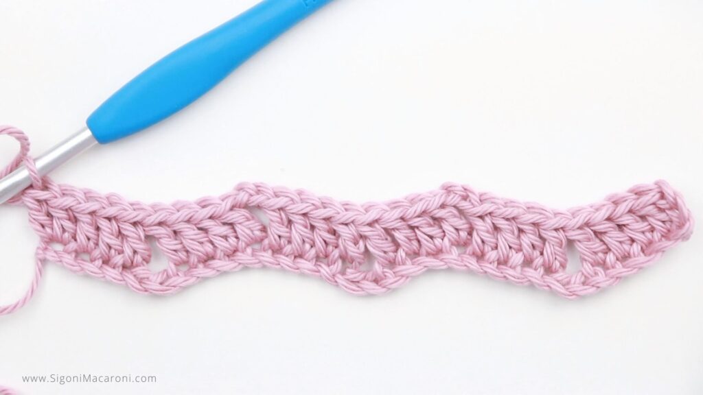 End of Row 1 for the easy double crochet Chevron Stitch