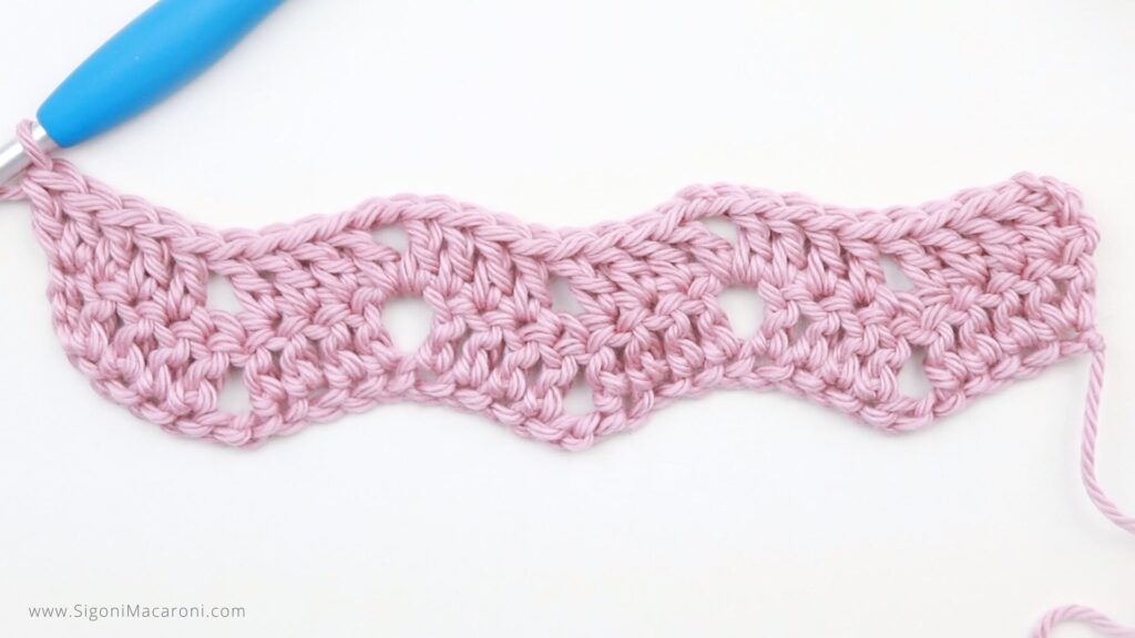 End of Row 2 for the easy double crochet Chevron Stitch