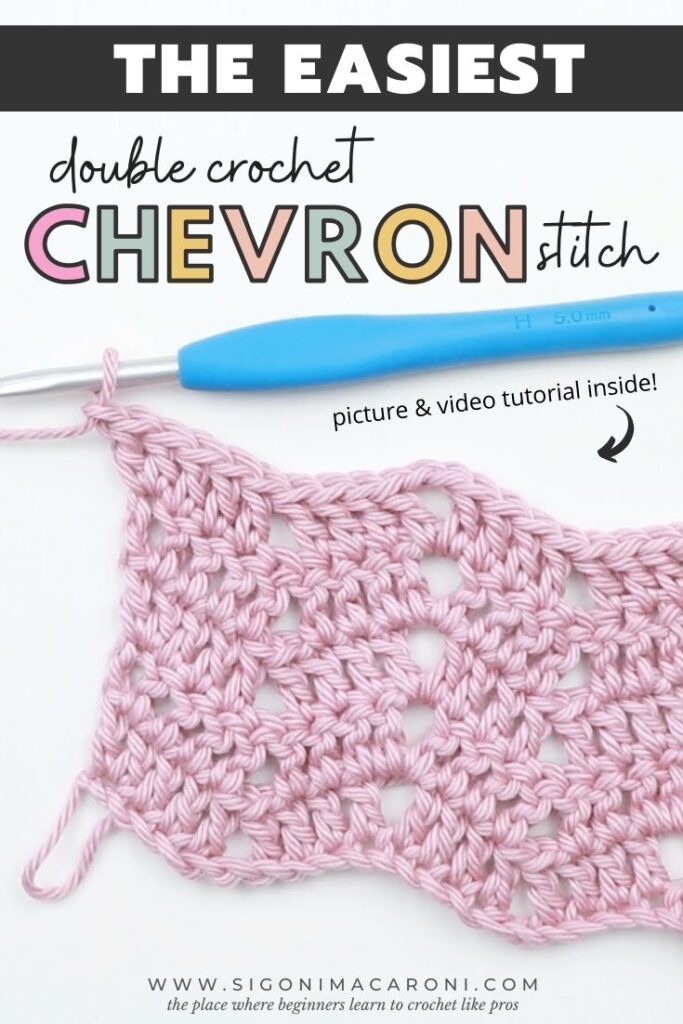 It's time to learn how to crochet an easy double crochet chevron stitch. The chevron is a pretty popular stitch, but there are tons of different variations and the one I'm going to show you today is the best one for beginners or those who just want to create something mindless. This step by step picture and video tutorial will show you how to crochet this subtle peephole chevron stitch with tips on how to keep your edges straight and how to calculate a chevron pattern.