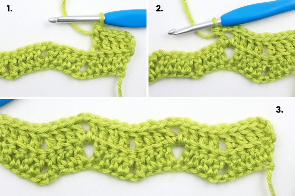 Steps 1-3 on how to crochet the Peephole Chevron Crochet Blanket in the back loops only