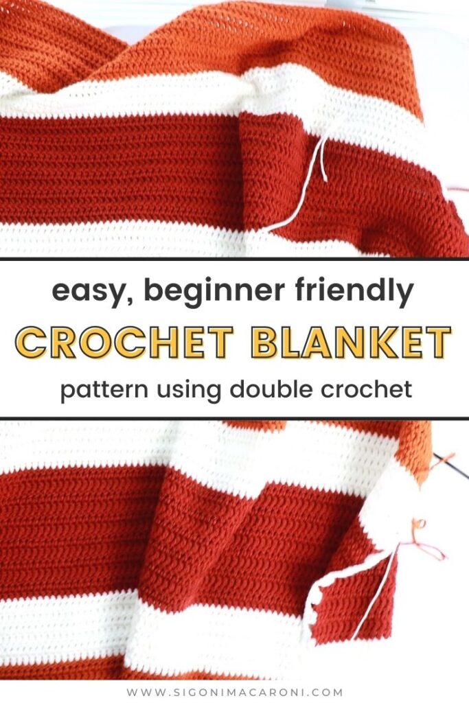 Pinterest image for an easy beginner friendly crochet blanket pattern using double crochet stitches