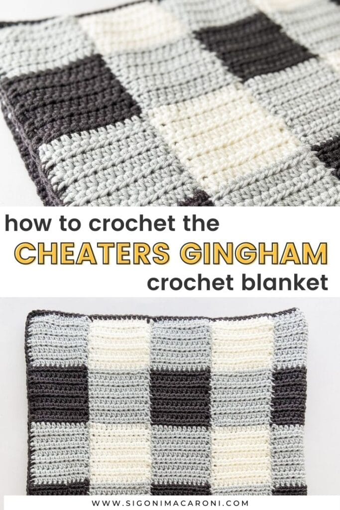 Two up close photos of the Cheaters Gingham Crochet Blanket pattern with text that says, "How to crochet the Cheaters Gingham Crochet Blanket"