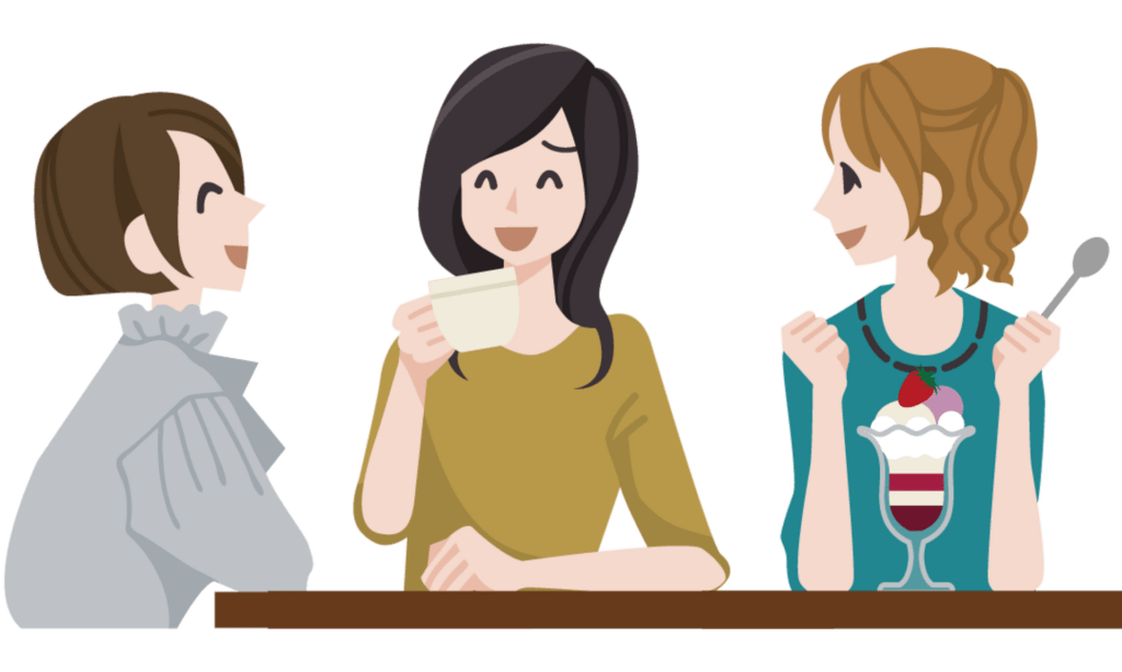 A group of animated girls sitting around drinking coffee and eating ice cream