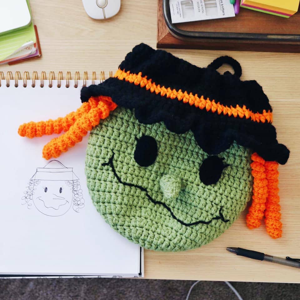 crochet witch trick or treat bag with matching drawing 