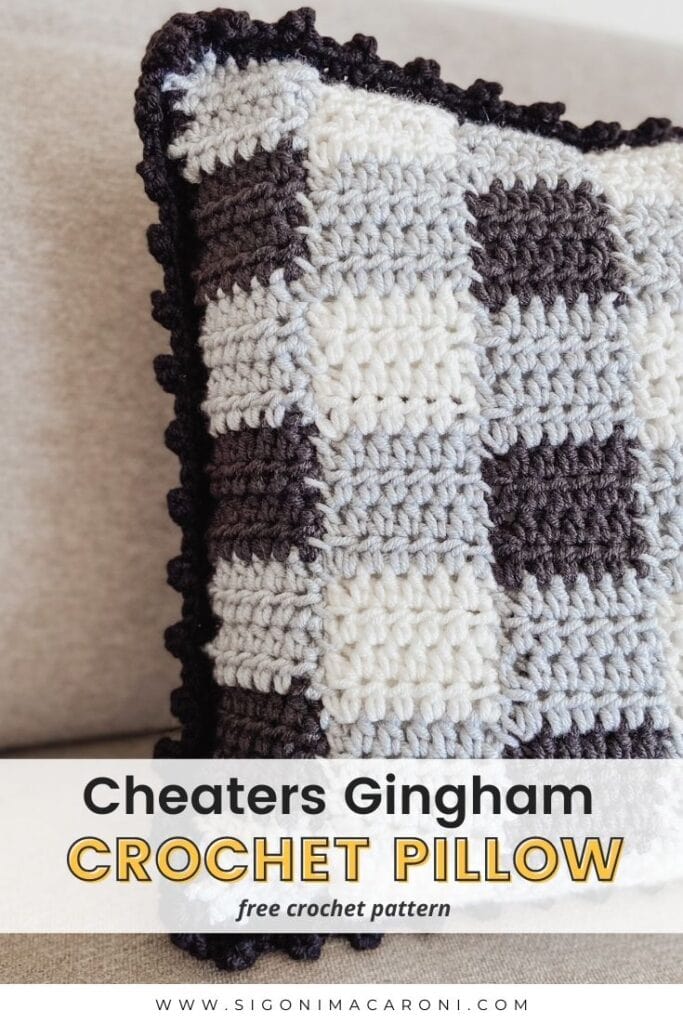 crochet pillow cover using traditional gingham colors (grey white black) with text that reads "Cheaters Gingham Crochet Pillow free crochet pattern"