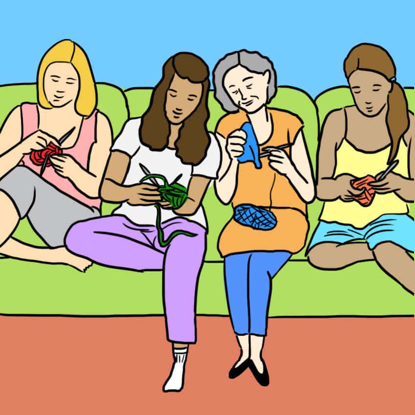 Cartoon version of young and old women sitting on a couch crocheting and knitting together