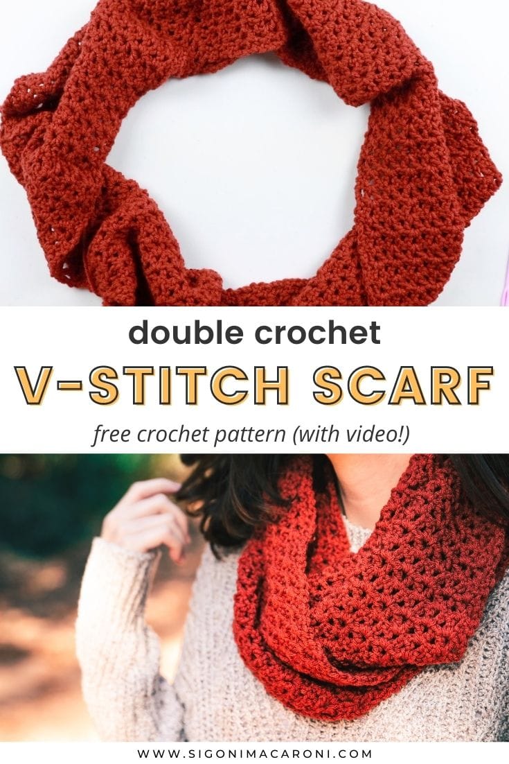 The Double Crochet V Stitch Scarf pattern is an easy, beginner friendly project that works up fast, has a video tutorial to go along with it, and it's FREE! This free pattern is great for practicing double crochets and working through chain spaces. But you don't have to be a beginner to love this scarf. It's one of those patterns that's good for anyone whether you're making it for yourself, a family member, or selling it at a craft fair! via @sigonimacaronii