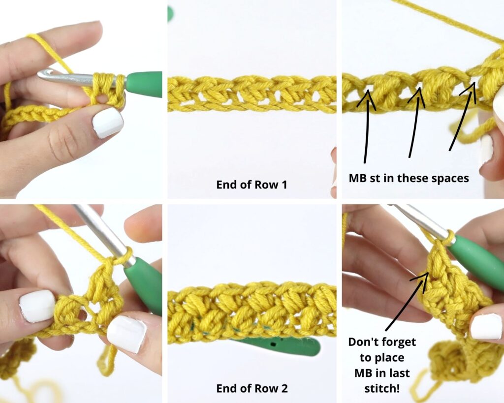 Step by step photos showing how to crochet the mini bean stitch, one of the beginner friendly crochet blanket stitches