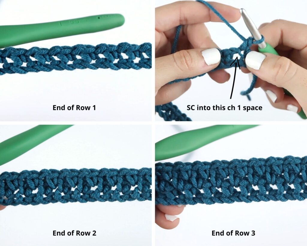 Step by step photos showing how to crochet the moss stitch, one of the beginner friendly crochet blanket stitches