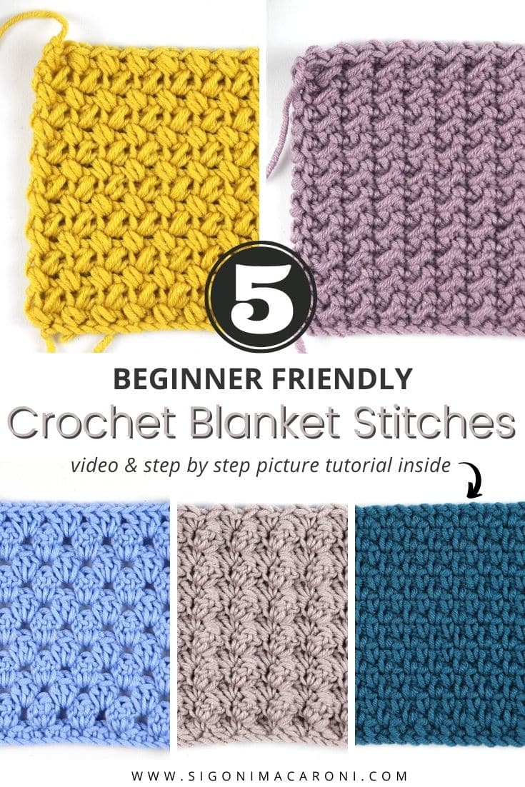 These 5 beginner friendly crochet blanket stitches are simple, reversible, and stunning! In today's tutorial you will find step by step picture tutorials and a video tutorial for each of these beginner friendly crochet blanket stitches. We will be learning how to crochet the Blanket stitch, the Moss stitch, the Granny Stripe stitch, the Mini Bean stitch, and the Crunch stitch! Each of these stitches would make great blankets, but they can be used to make so many other projects too! via @sigonimacaronii