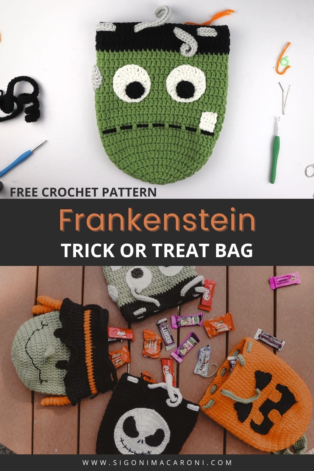 Crochet Frankenstein Drawstring Backpack | FREE Halloween Crochet Pattern via @sigonimacaronii