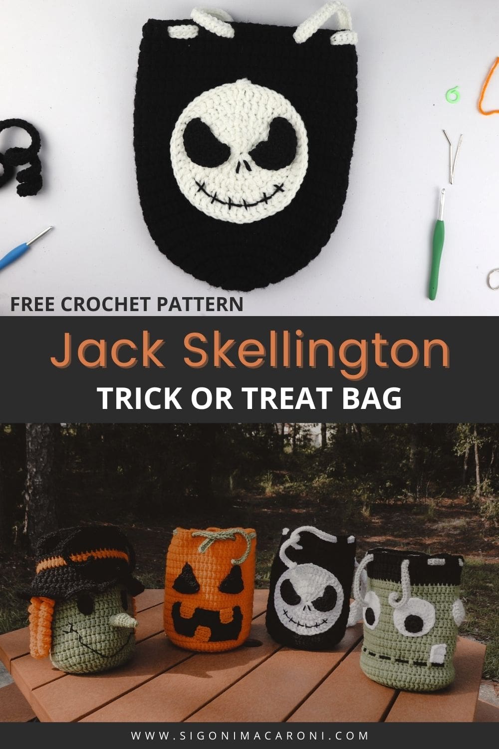 Crochet Jack Skellington Drawstring Backpack | FREE Halloween Crochet Pattern via @sigonimacaronii