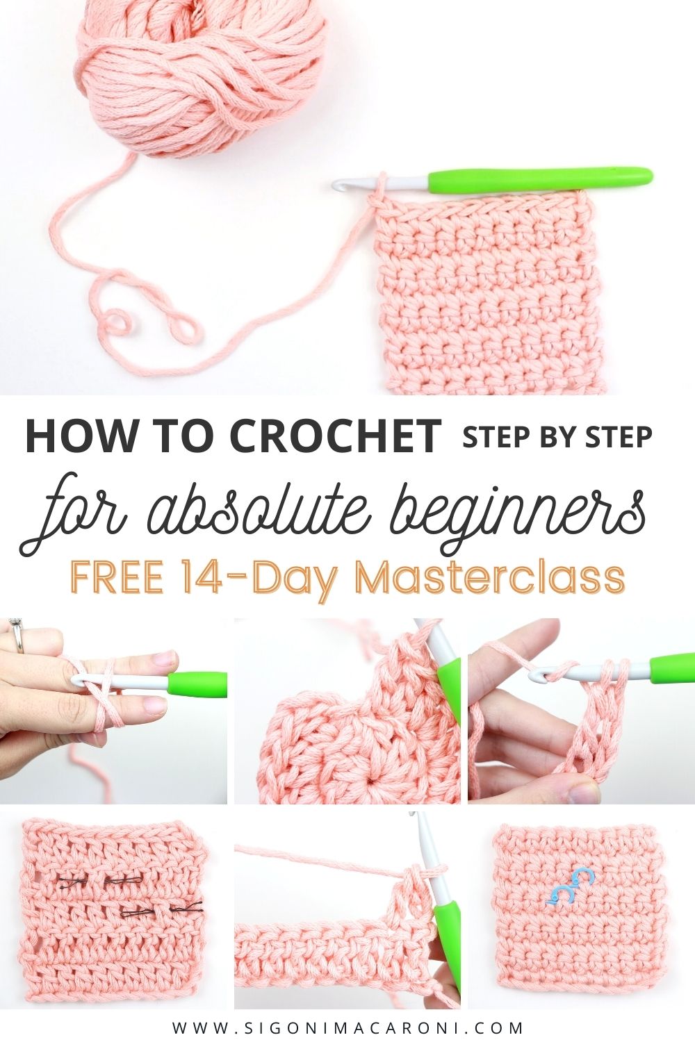 Are you looking to learn how to crochet for absolute beginners? I've put together this FREE online crochet class so you can become a pro in no time! You will learn the basics of crochet and beyond with TEN crochet video lessons and TWO beginner friendly crochet projects! Whether you're an absolute beginner or you've tried and failed, this Learn To Crochet Masterclass is for you. via @sigonimacaronii