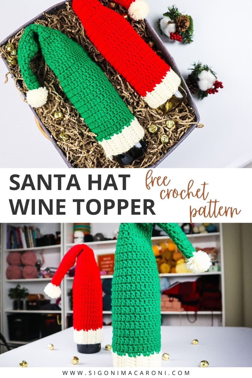 Crochet Santa Hat Wine Topper | Free Crochet Pattern via @sigonimacaronii