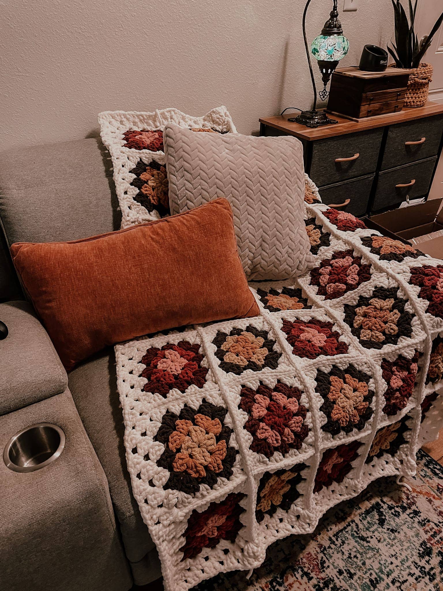 Granny Square Crochet Throw Blanket - Light Pink